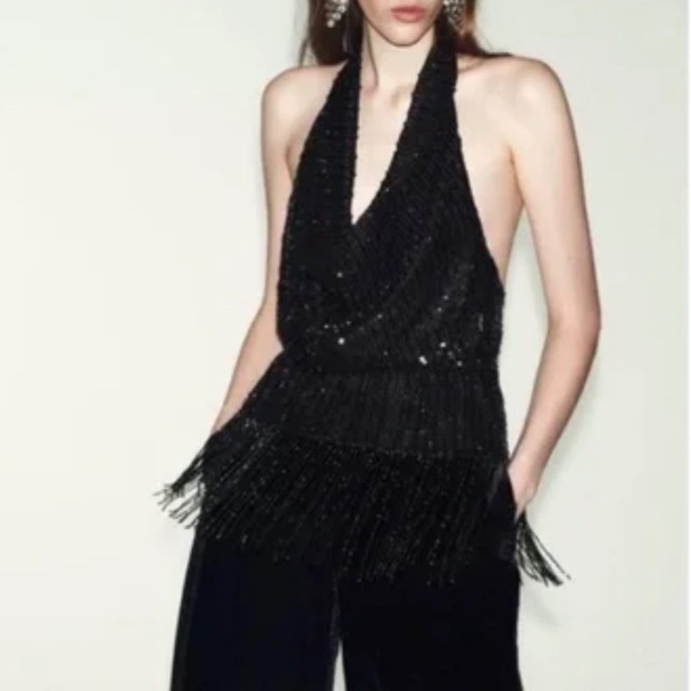 NWT ZARA ZARA SEQUIN FRINGE HALTER TOP XS